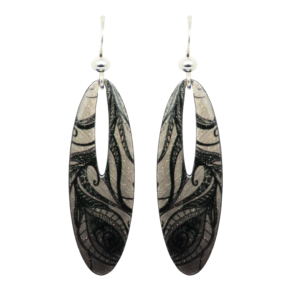 Black and White Feather Drawing Earrings, Sterling Silver Earwires, Item# 2292