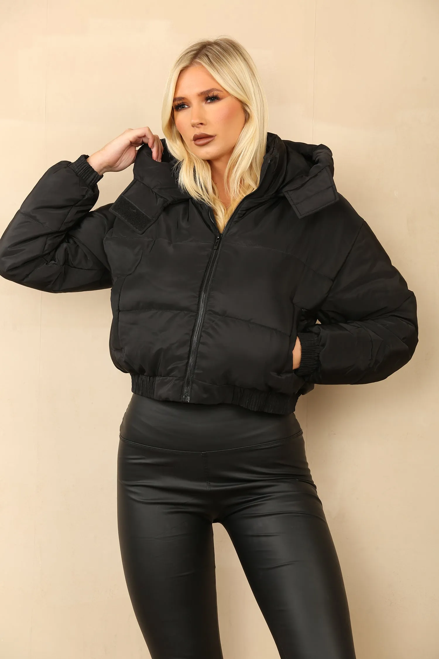 Black Cropped Hooded Zip Puffer Jacket