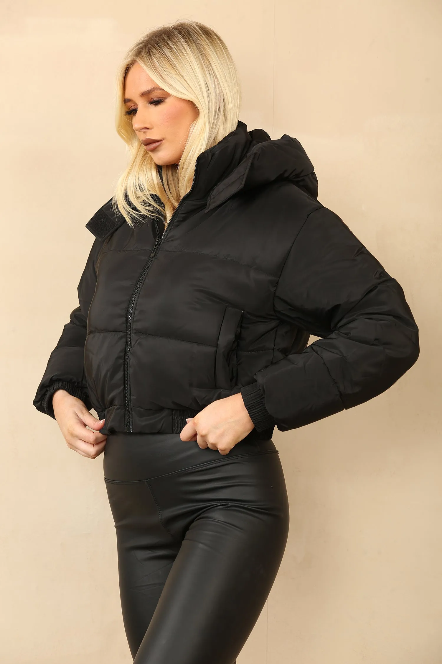 Black Cropped Hooded Zip Puffer Jacket