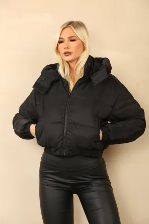 Black Cropped Hooded Zip Puffer Jacket