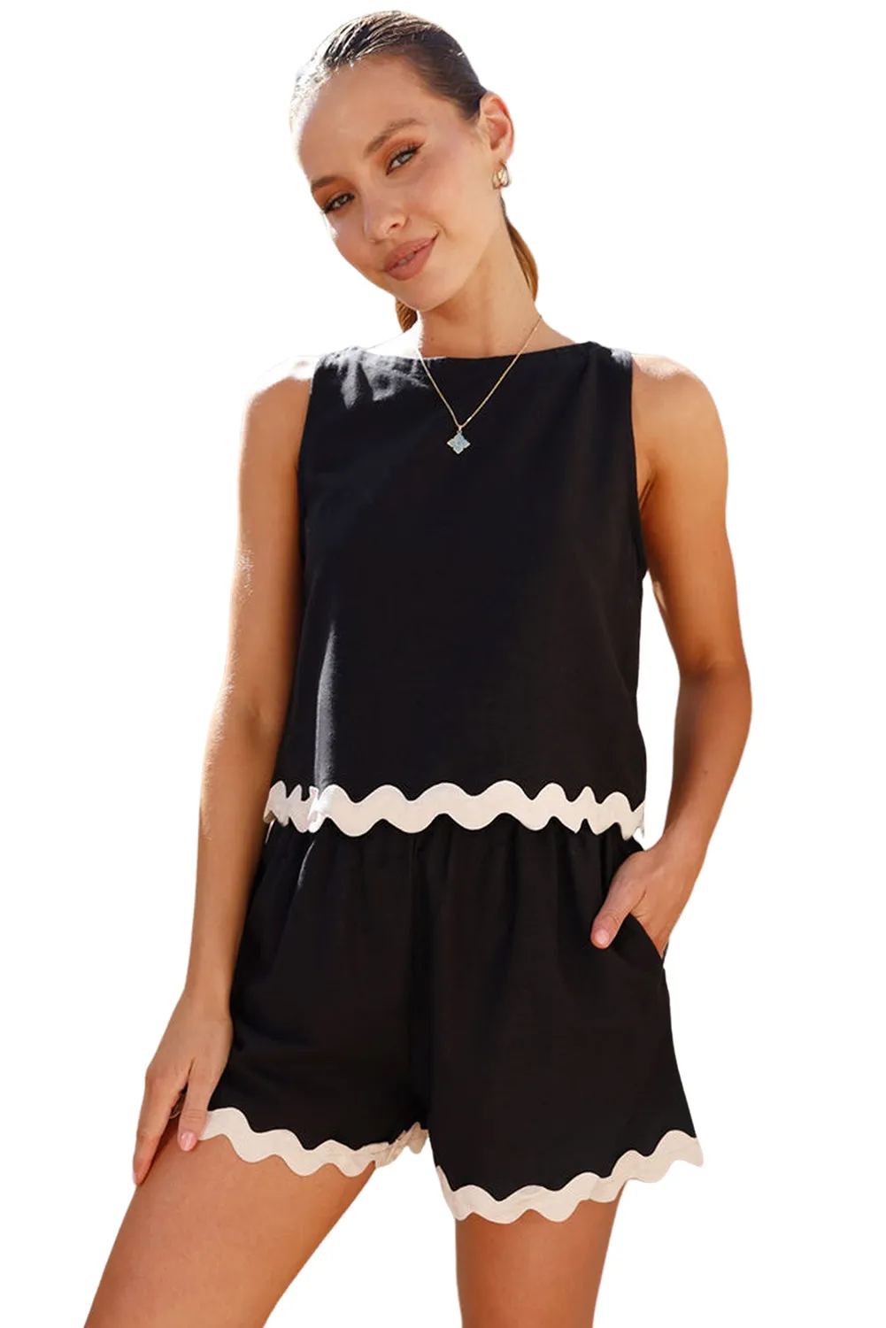 Black Ricrac Trim Tank Top Elastic Waist Shorts Set