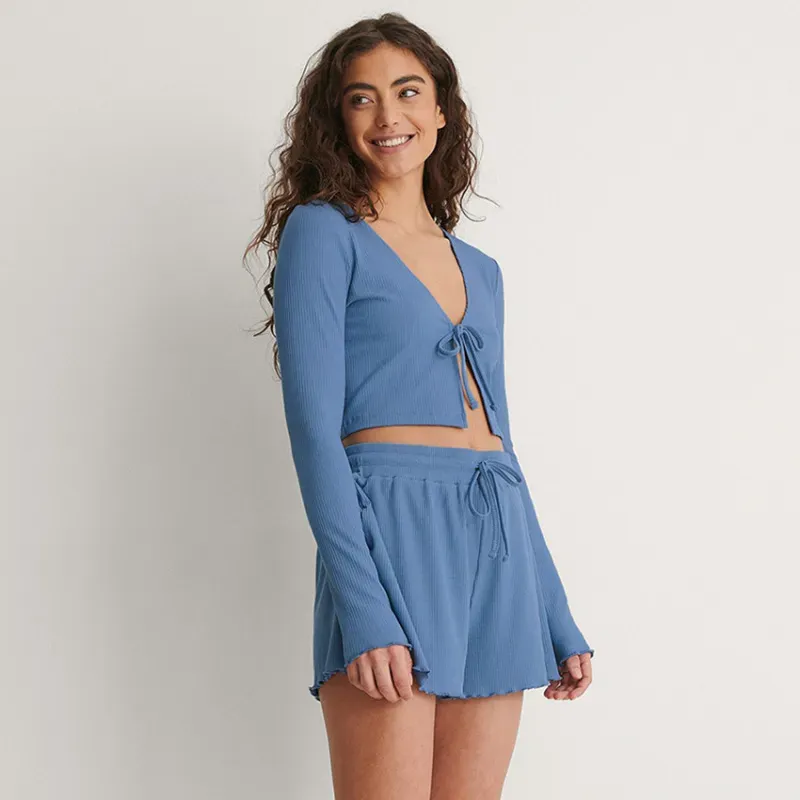 Blissful Ease Long Sleeve Tie-Front Ribbed Lounge Set