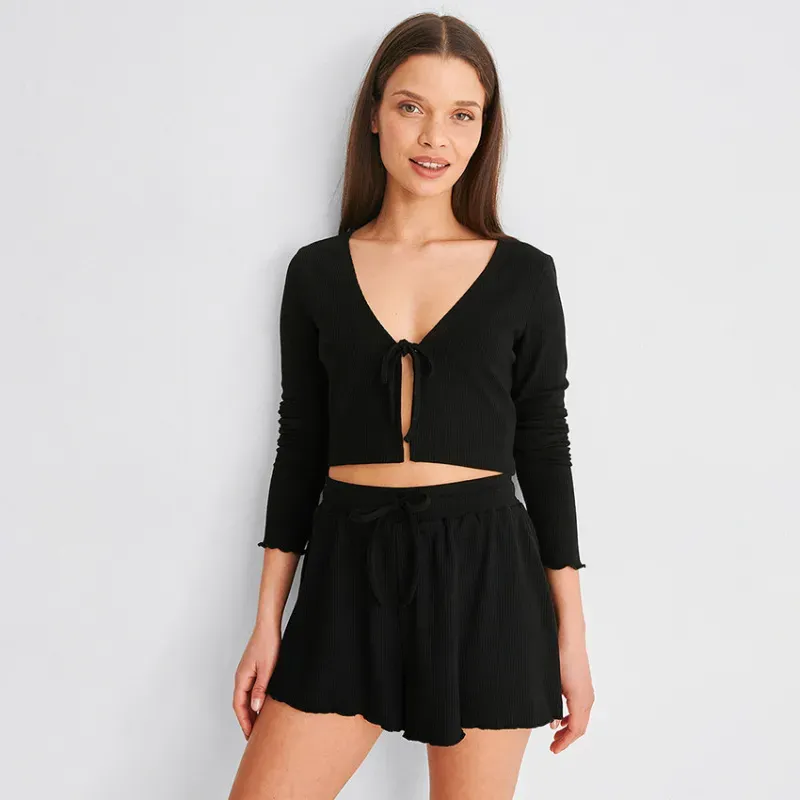 Blissful Ease Long Sleeve Tie-Front Ribbed Lounge Set