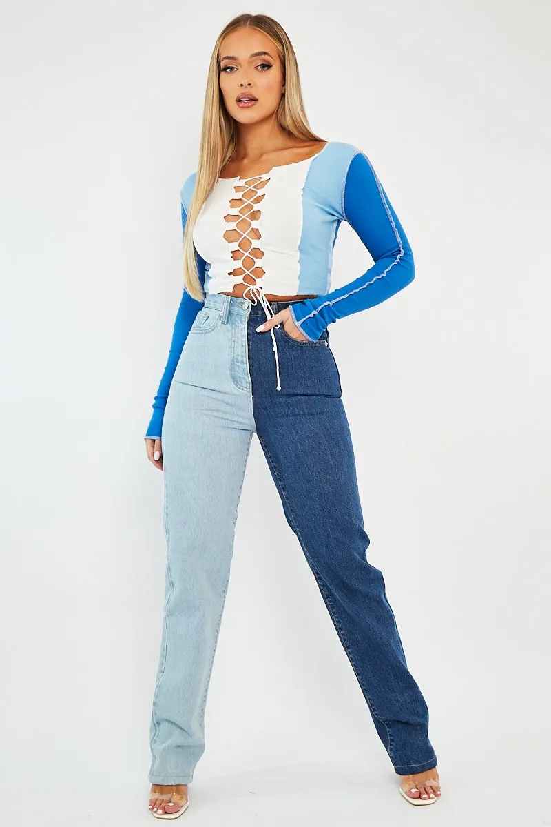 Blue Colour Block Lace Up Front Crop Top - Bella