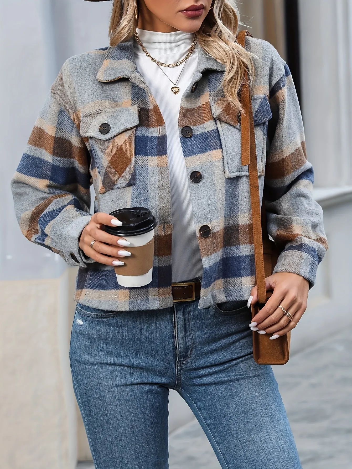 Blue Cropped Checkered Shacket