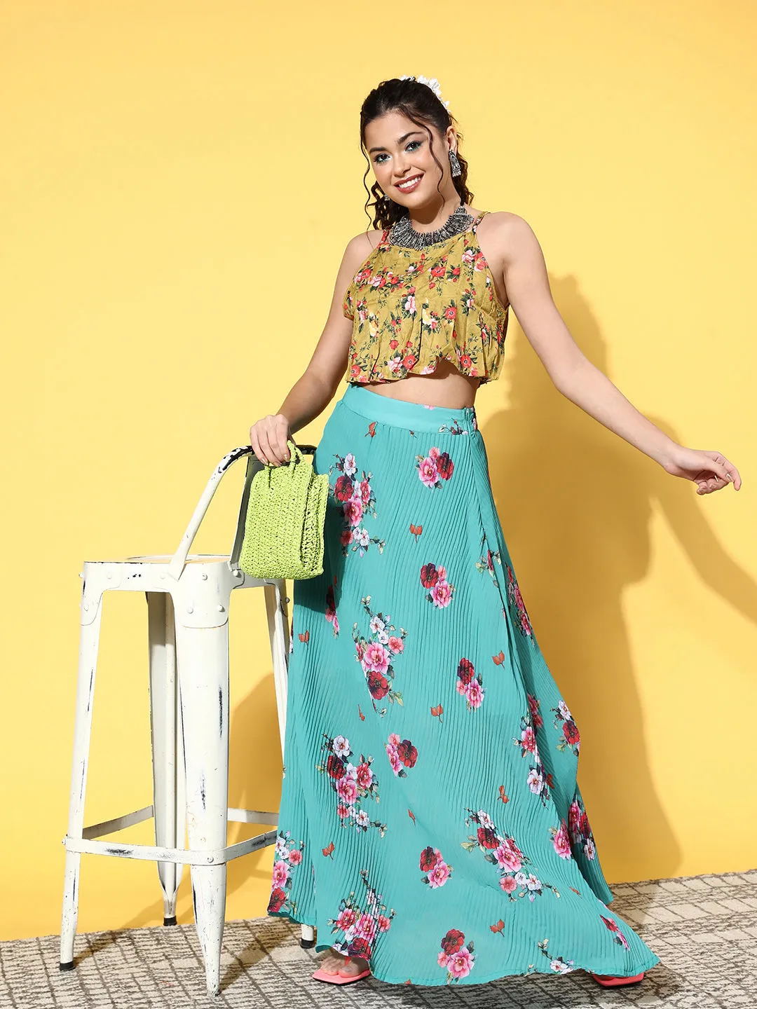 Blue Floral Print Pleated Skirt