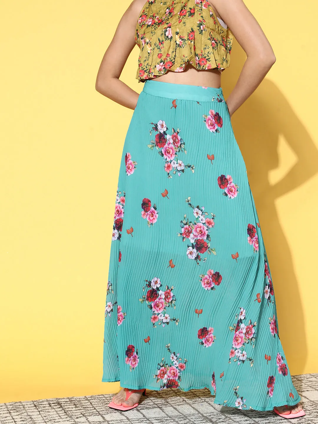 Blue Floral Print Pleated Skirt