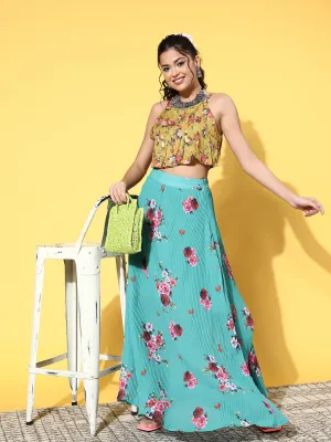 Blue Floral Print Pleated Skirt
