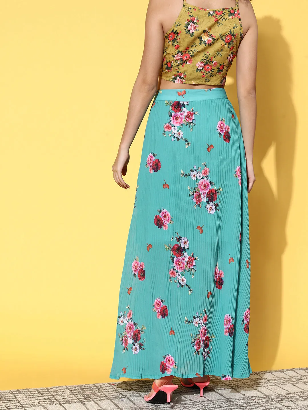Blue Floral Print Pleated Skirt