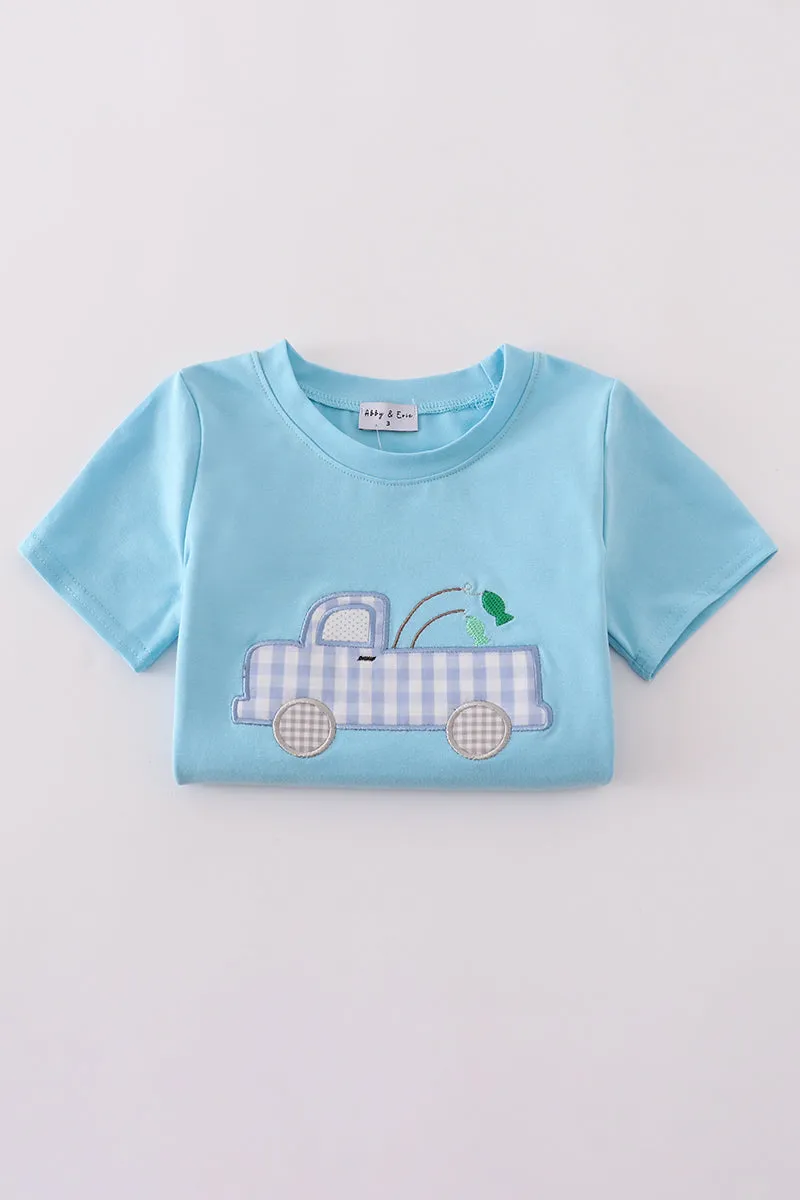 Blue truck fishing applique shorts set