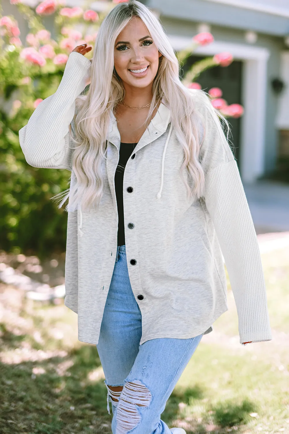 Button Up Knitted Sleeves Hooded Jacket