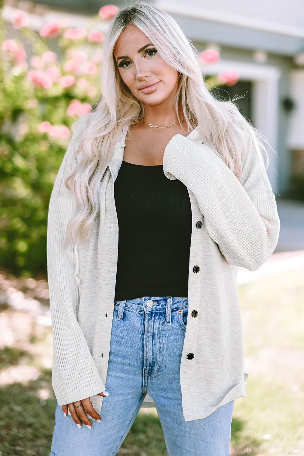 Button Up Knitted Sleeves Hooded Jacket