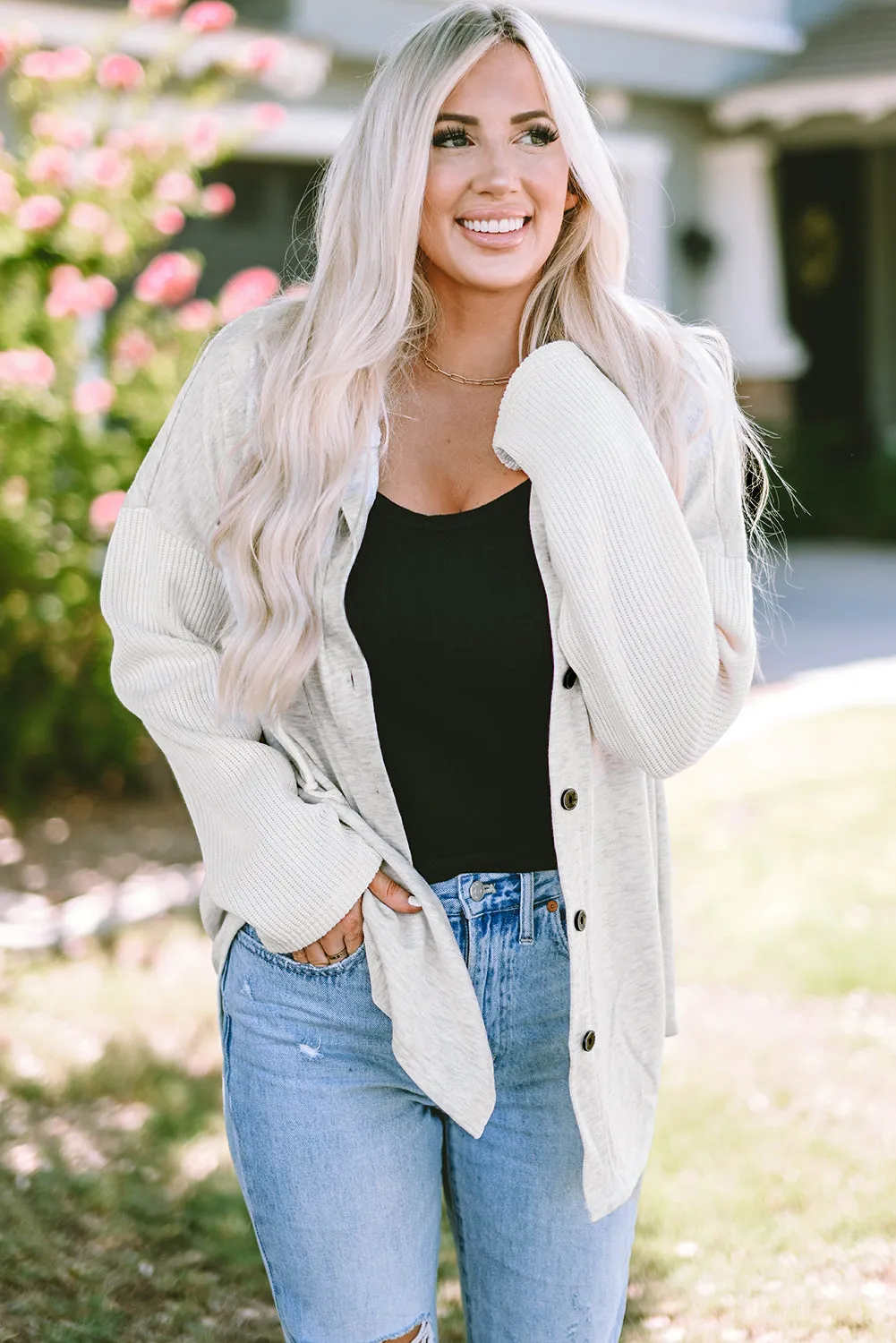 Button Up Knitted Sleeves Hooded Jacket