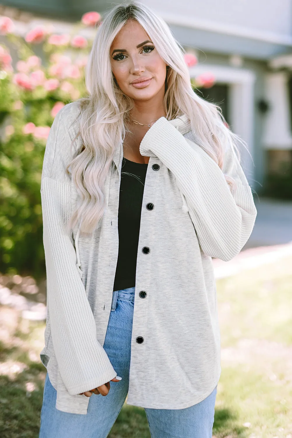 Button Up Knitted Sleeves Hooded Jacket