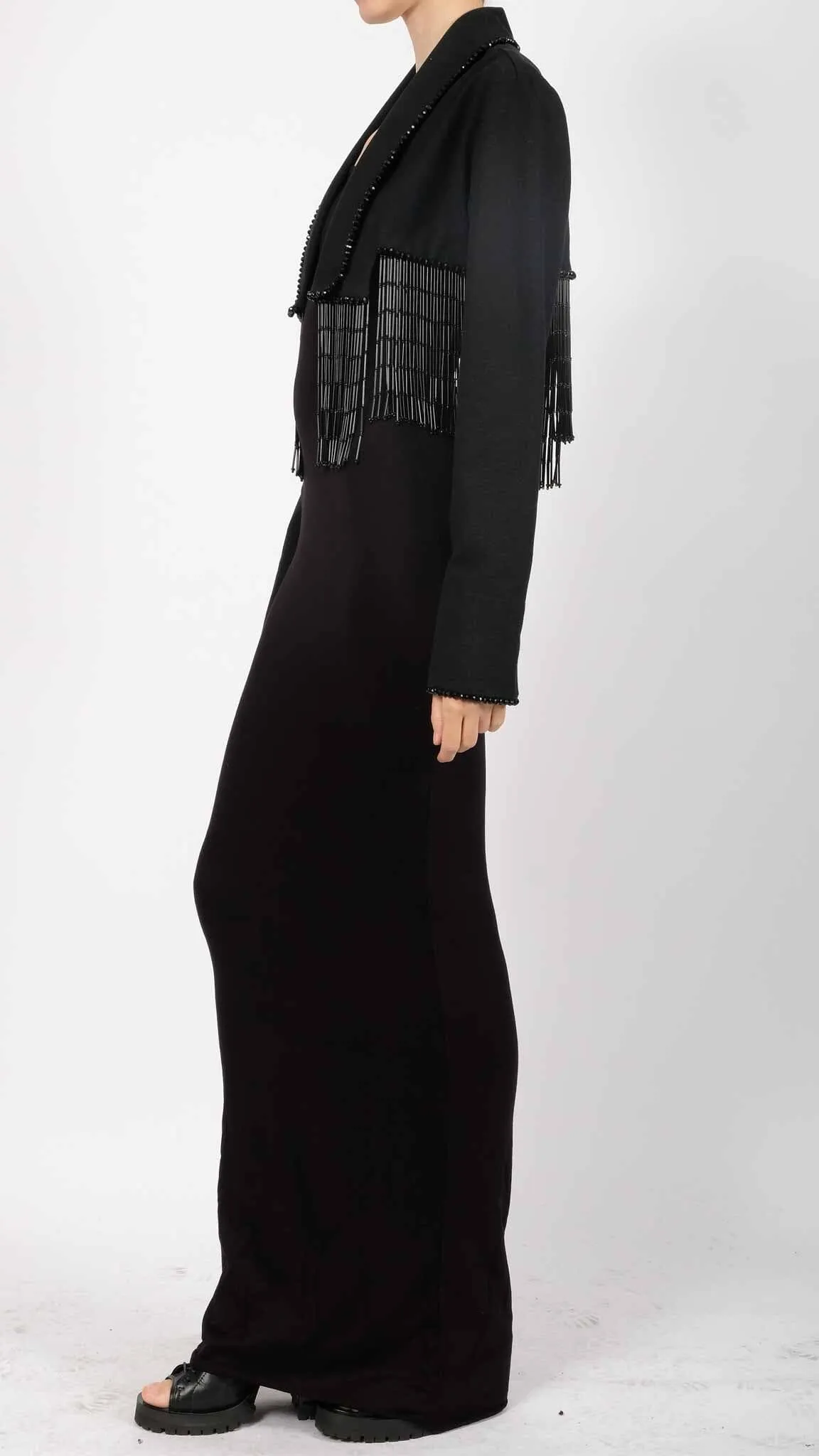 Canvas Crop Blazer with Stones and Fringes