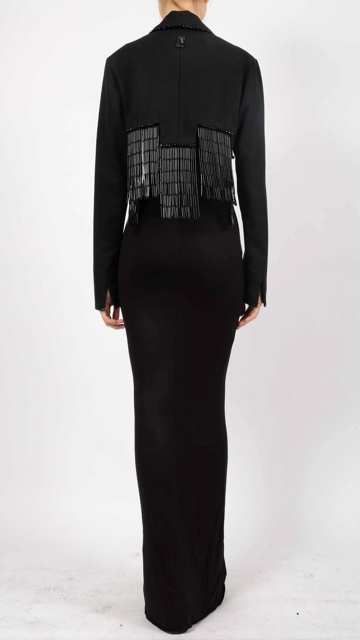 Canvas Crop Blazer with Stones and Fringes