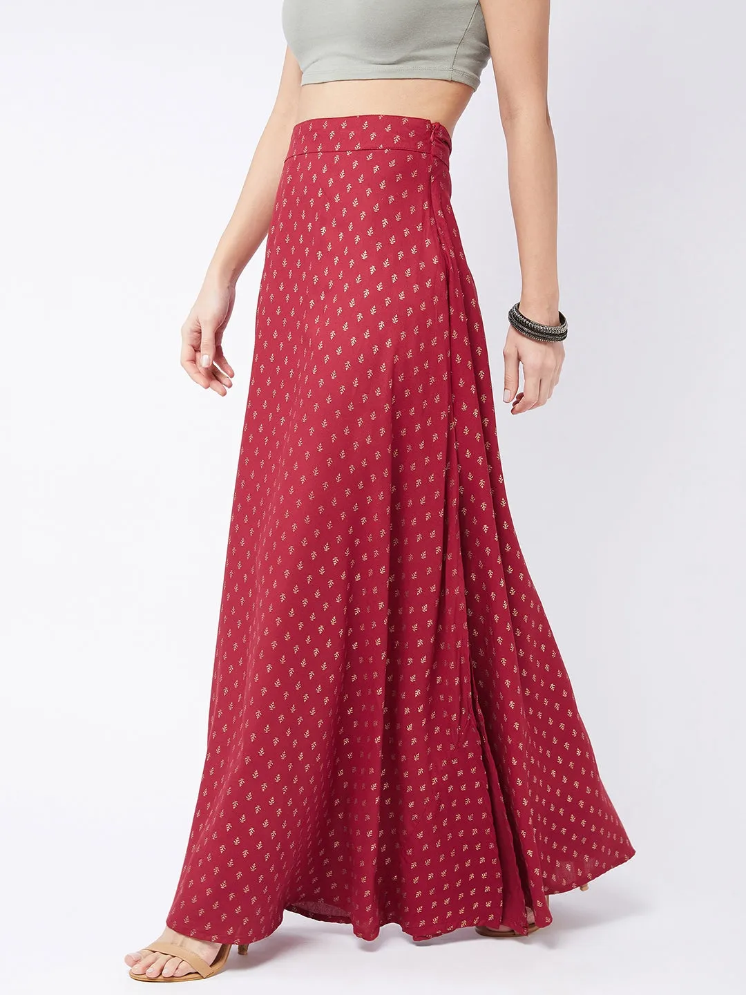 Carmine Pink Gold Print Long Skirt