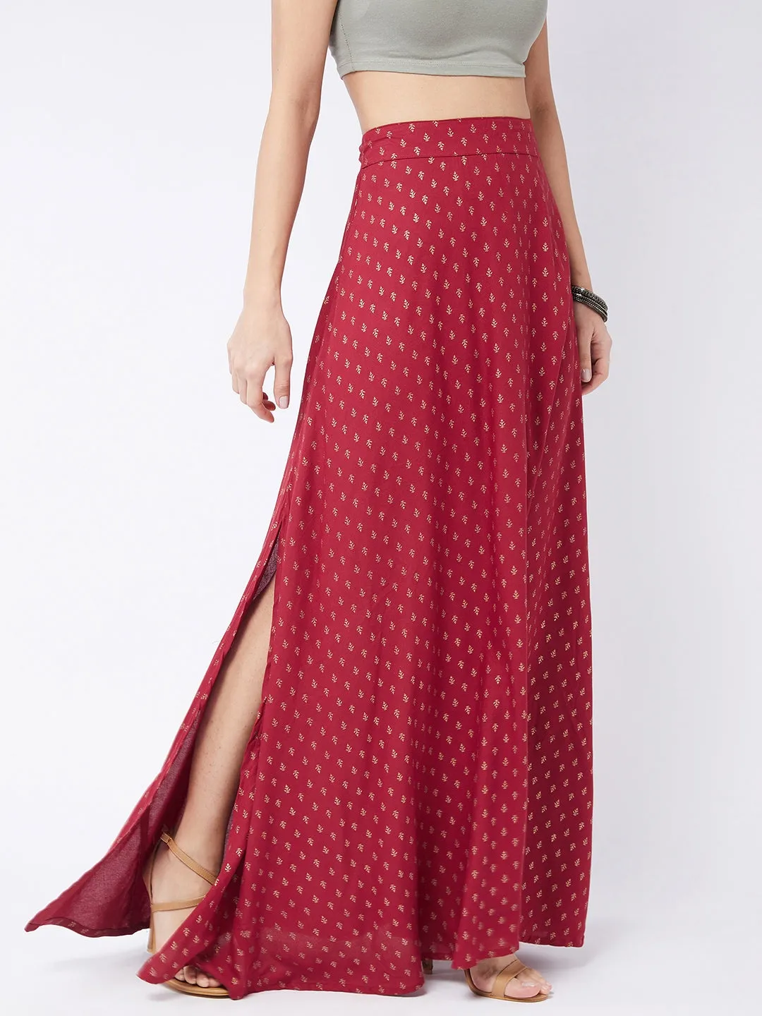 Carmine Pink Gold Print Long Skirt