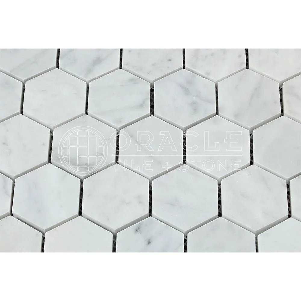 Carrara White Italian (Bianco Carrara) Marble 2 inch Hexagon Mosaic Tile, Polished
