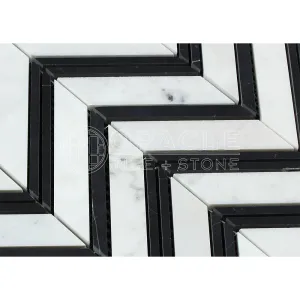 Carrara White Italian (Bianco Carrara) Marble Large Chevron Mosaic Tile with Black Marble Strips, Polished