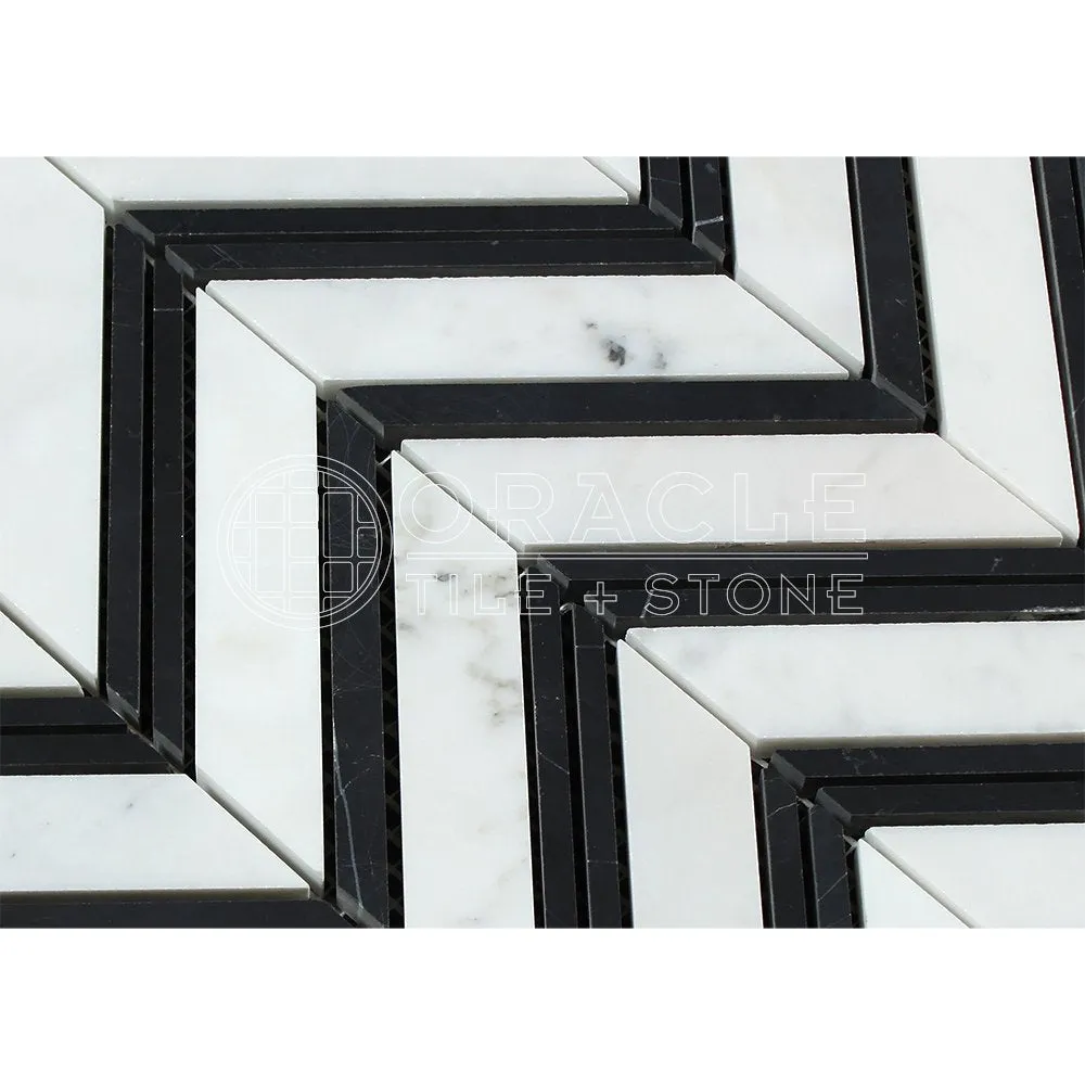 Carrara White Italian (Bianco Carrara) Marble Large Chevron Mosaic Tile with Black Marble Strips, Polished