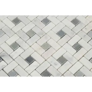 Carrara White Italian (Bianco Carrara) Marble Pinwheel Mosaic Tile with Blue & Gray, Polished