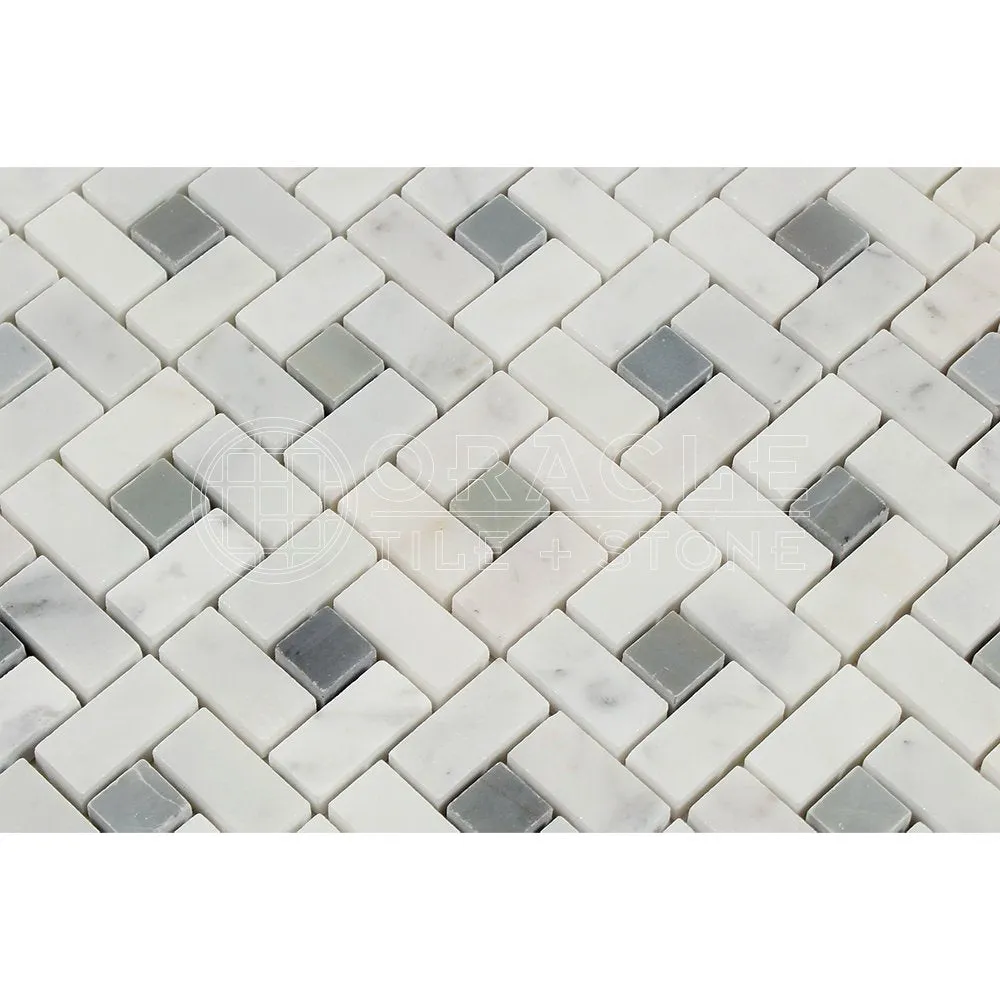Carrara White Italian (Bianco Carrara) Marble Pinwheel Mosaic Tile with Blue & Gray, Polished