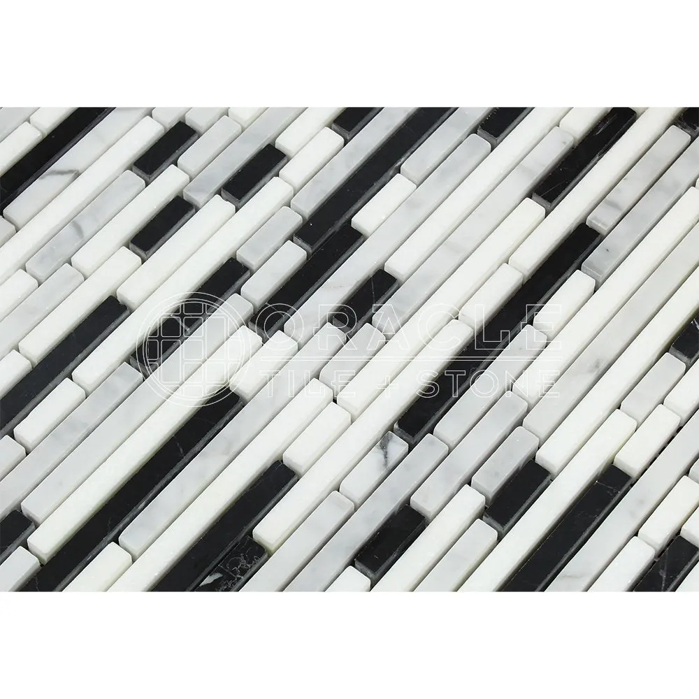 Carrara White Italian (Bianco Carrara) Marble Tricolor (Carrara   Thassos   Black Marble) Bamboo Sticks Mosaic Tile Mosaic, Polished