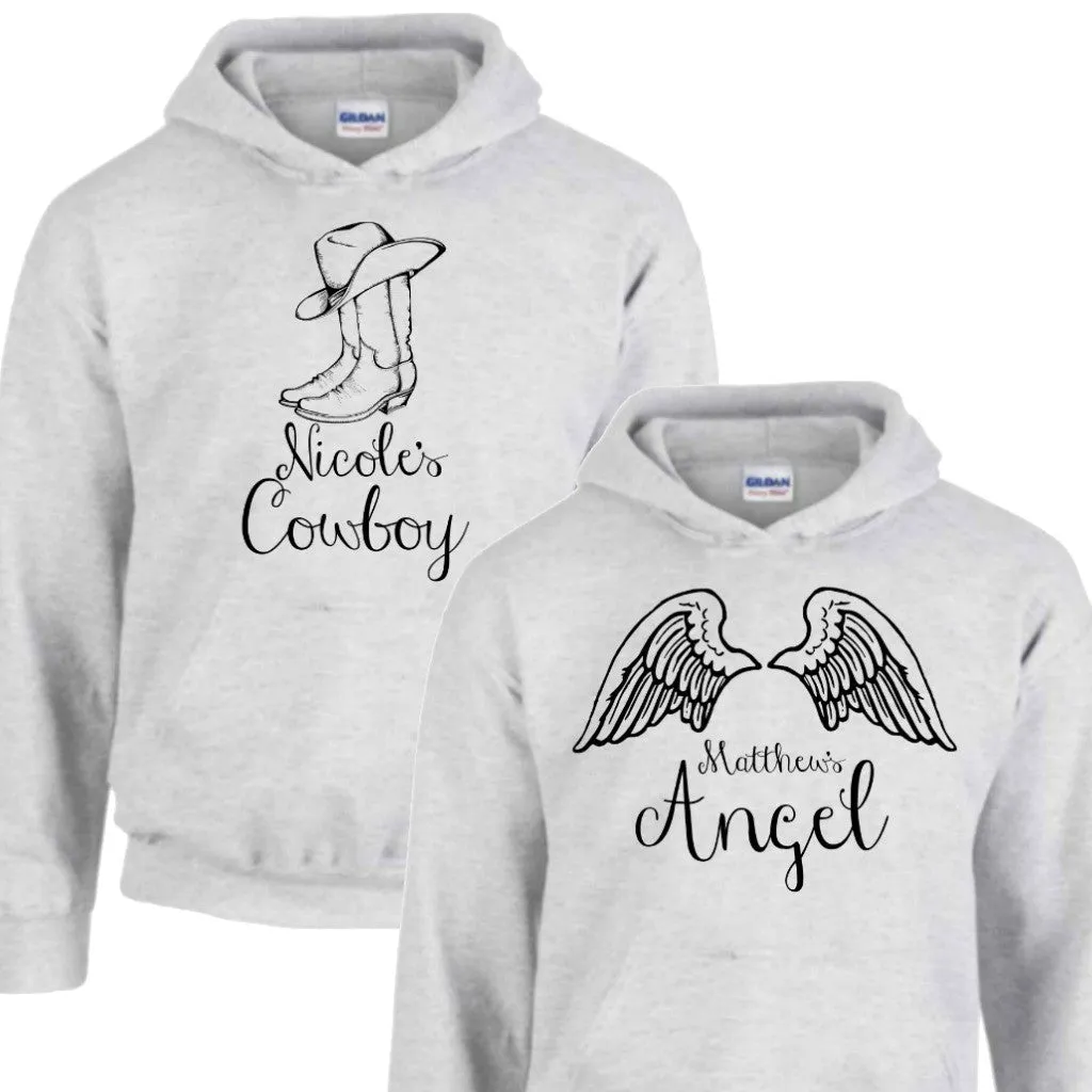 Cowboy & Angel Design Personalized with Your Names Hoodies