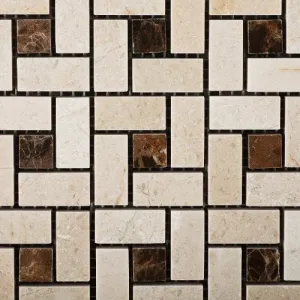 Crema Marfil Polished Pinwheel Mosaic w/ Emperador Dark Dots - Lot of 50 sq. ft.