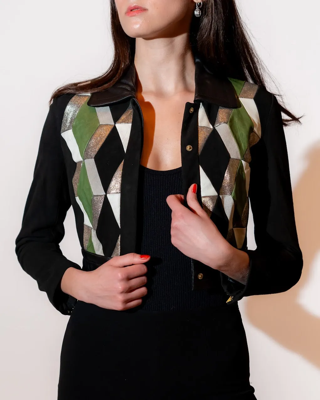 Cropped Black/Multi Color Leather Jacket