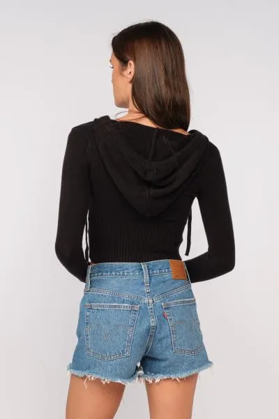 Cropped Sweater Hooded Jacket - Black -