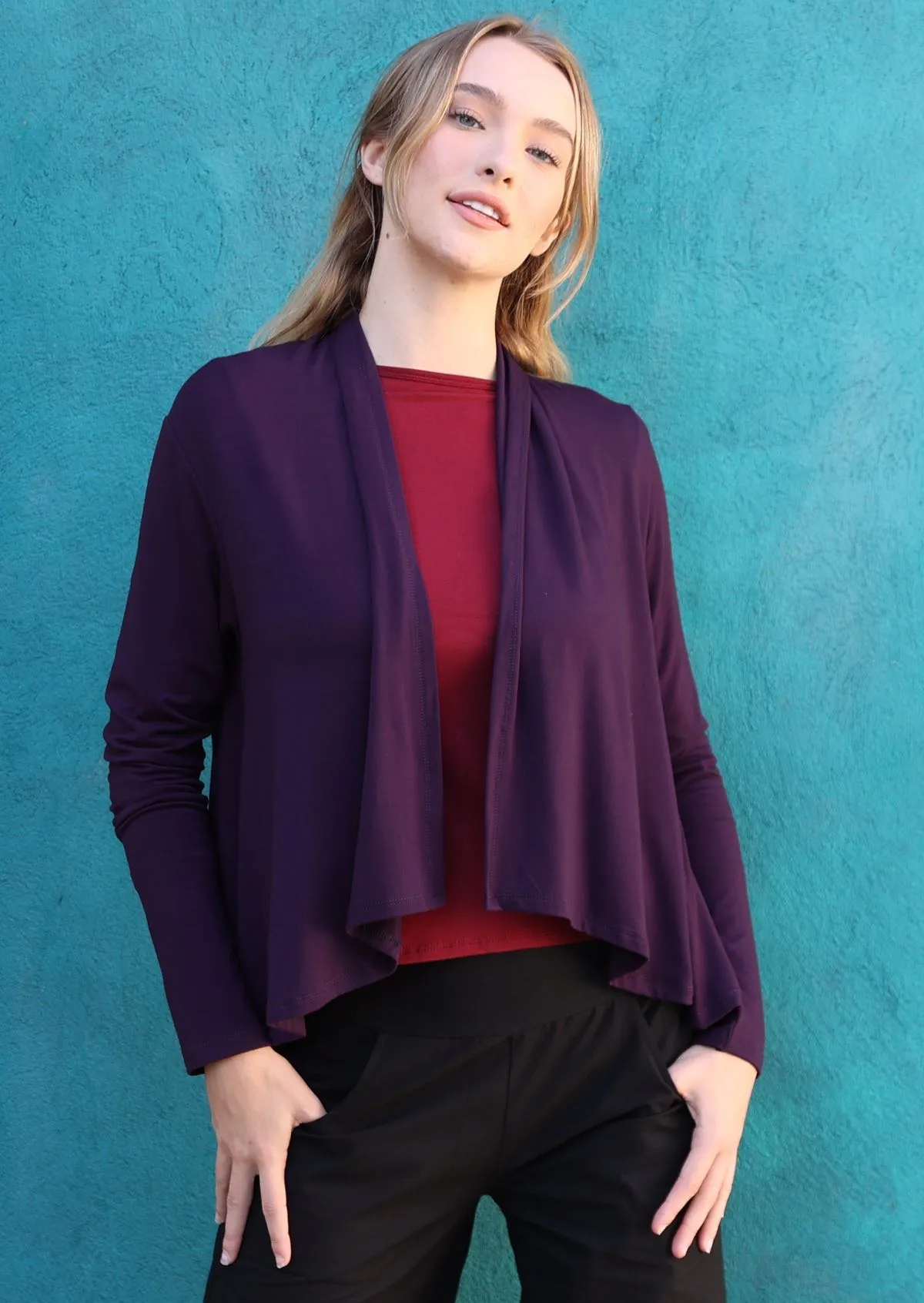 Cropped Waterfall Cardi Dark Purple