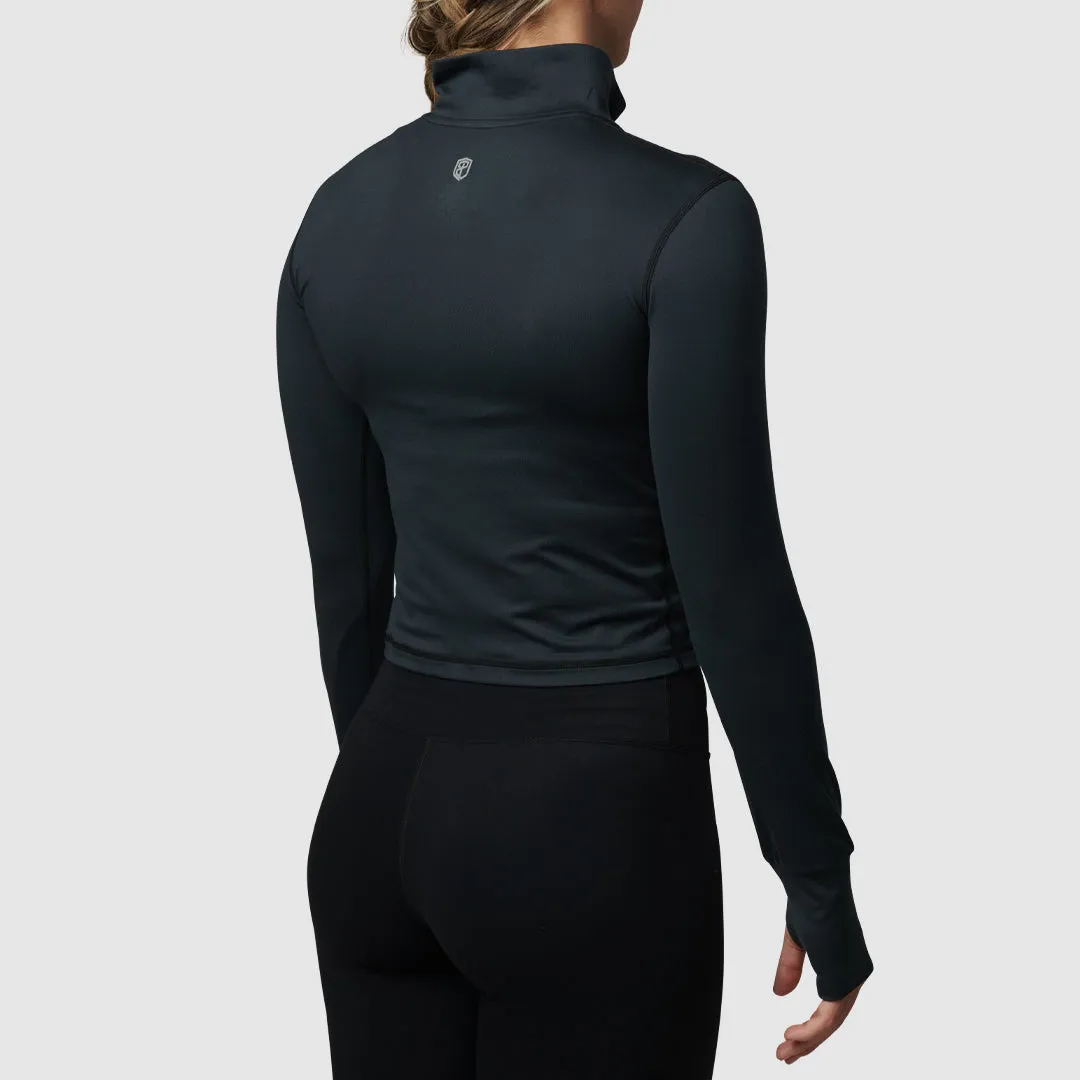 Cropped Zip Neck Athleisure Long Sleeve (Black)