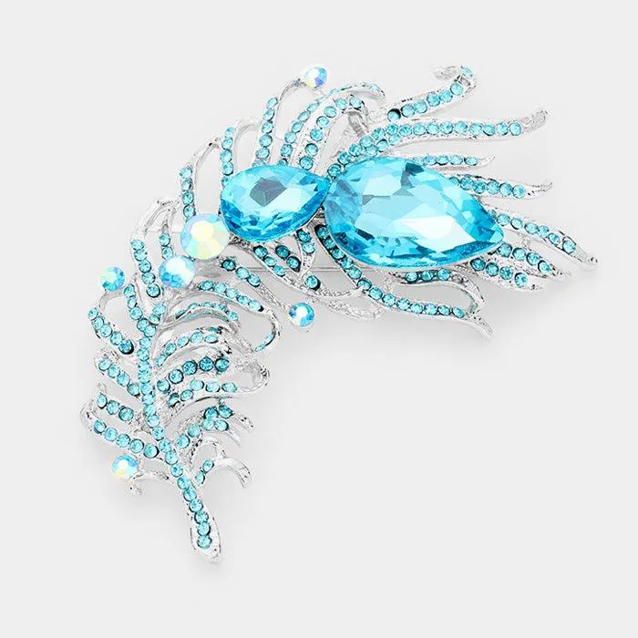 Curved Feather Aqua Crystal Teardrop Brooch