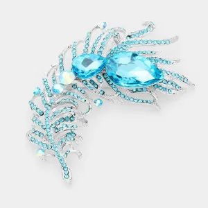 Curved Feather Aqua Crystal Teardrop Brooch