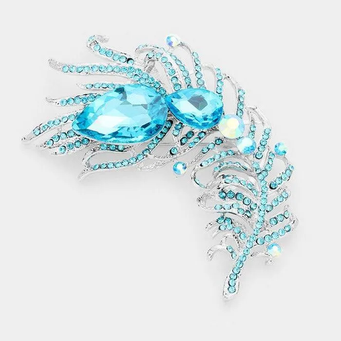 Curved Feather Aqua Crystal Teardrop Brooch