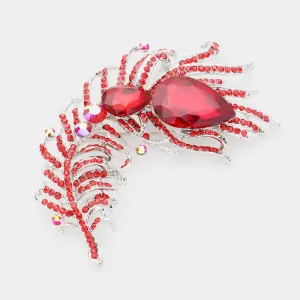 Curved Feather Red Crystal Teardrop Brooch