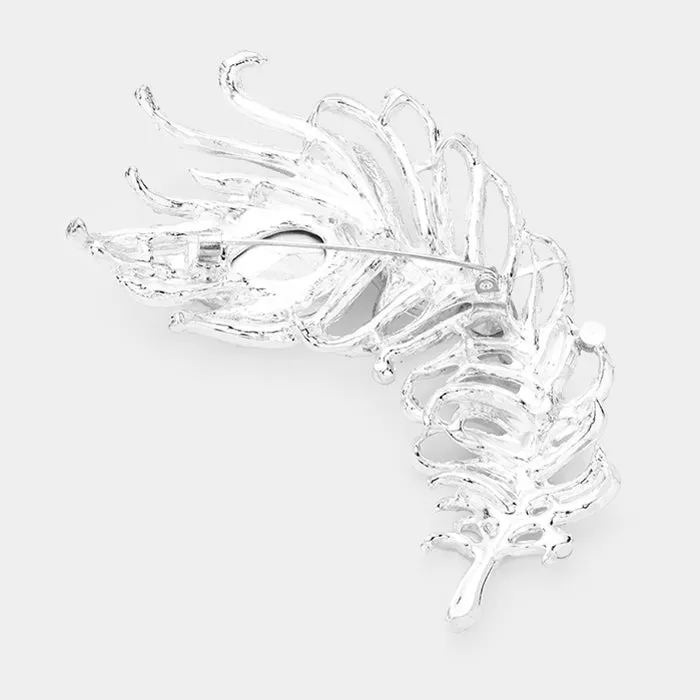 Curved Feather Red Crystal Teardrop Brooch