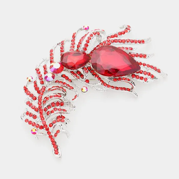 Curved Feather Red Crystal Teardrop Brooch