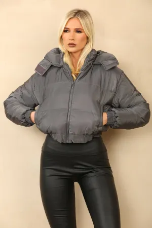 Dark Grey Cropped Hooded Zip Puffer Jacket