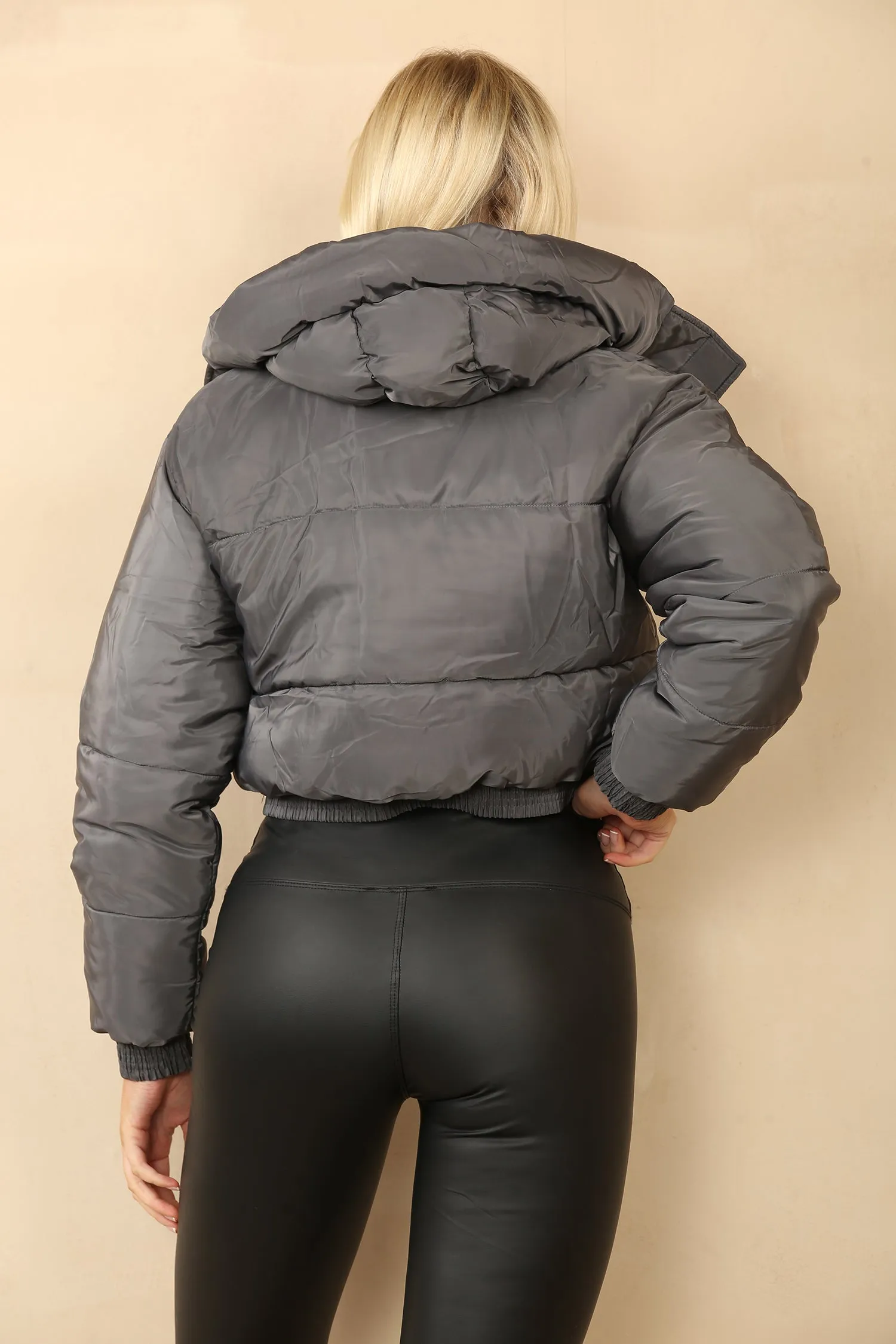Dark Grey Cropped Hooded Zip Puffer Jacket