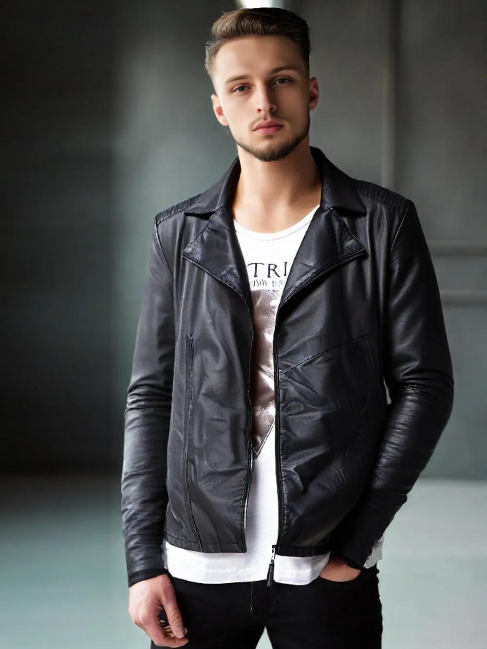 Deep Peak Lapel Genuine Leather Biker Jacket for Men