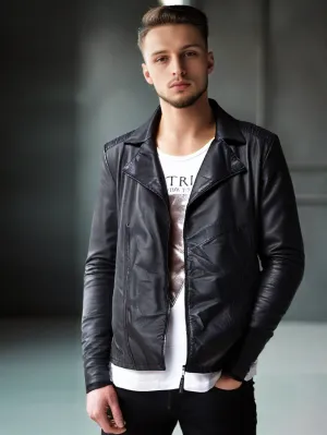 Deep Peak Lapel Genuine Leather Biker Jacket for Men