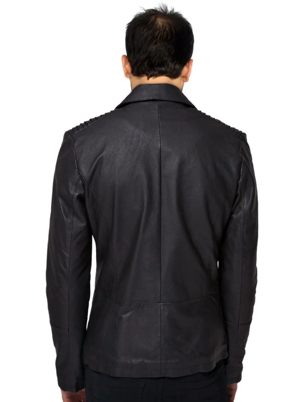 Deep Peak Lapel Genuine Leather Biker Jacket for Men