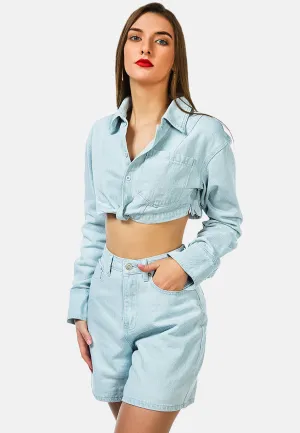 Denim Tied Hem Cropped Shirt