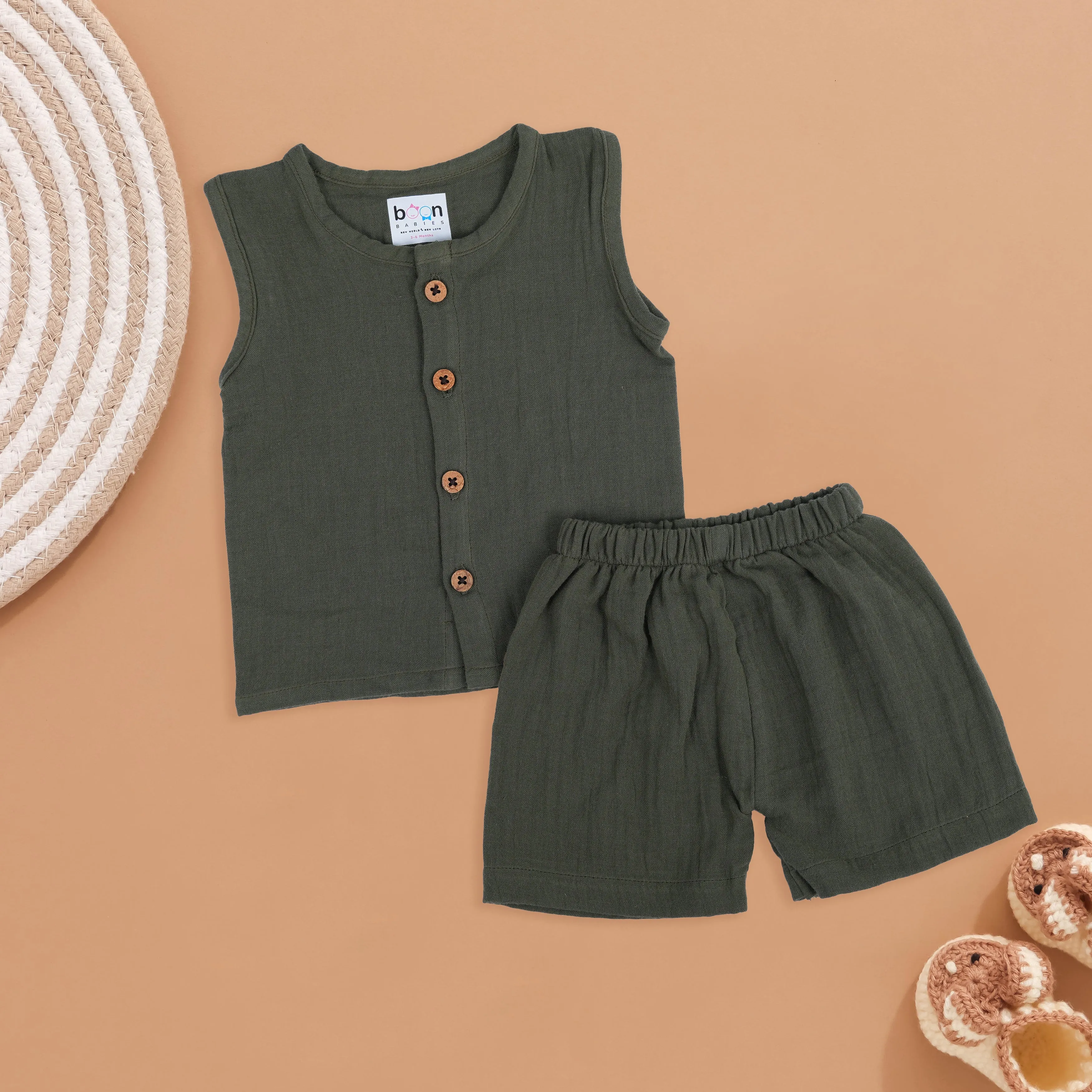 Earthy Green Muslin Jabla and Shorts Set – Natural Comfort for Babies