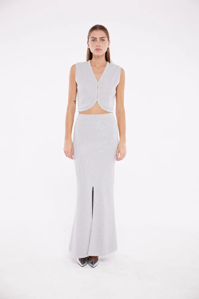 Embellished V-Neck Cropped Waist Coat in Ash