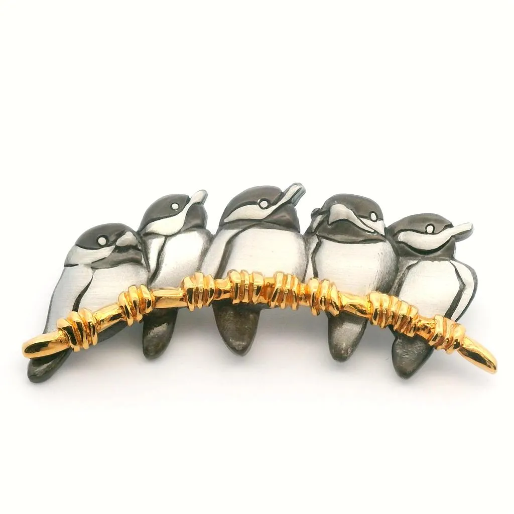 Estate Pewter Vintage Chickadee Bar Brooch