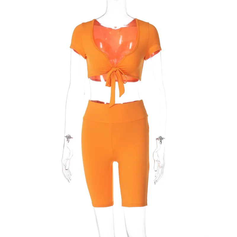 European And American-Style2023Summer Women's Clothing New Low Collar Short SleeveTT-shirt Slim-Fit Cropped Pants Two-Piece Set Fashion Casual Set